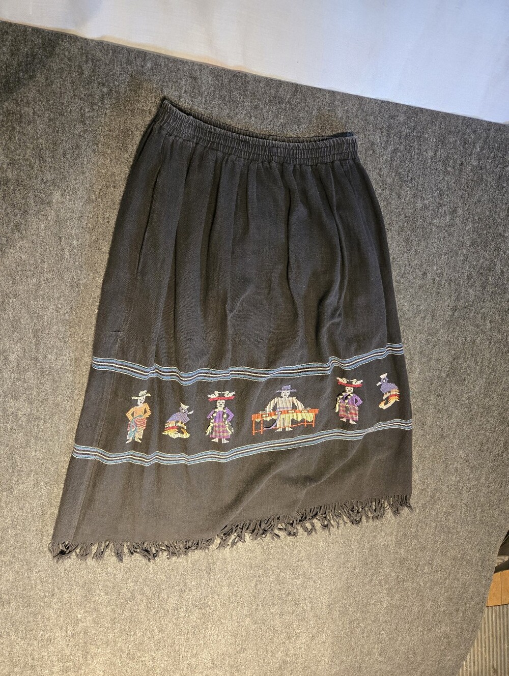 Womens Vintage Black  Native Embroidered Fringe Midi Skirt - Picture 2 of 10